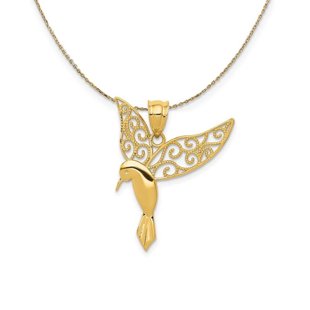 14k Yellow Gold Filigree Hummingbird Necklace - 16 Inch